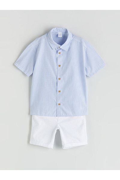LC Waikiki Blue Striped Boys' Shirt and Shorts 2-Piece