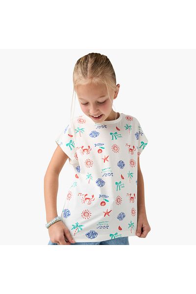 Juniors All-Over Graphic Print Crew Neck T-shirt with Extended Sleeves