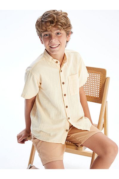 LC Waikiki Beige Judge Collar Muslin Boy's Shirt