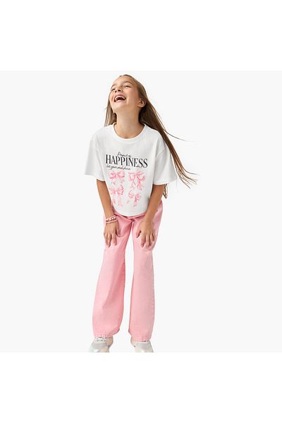 Juniors Graphic Print Boxy T-shirt with Short Sleeves