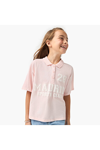 Juniors Varsity Polo T-shirt with Raglan Sleeves and Button Closure