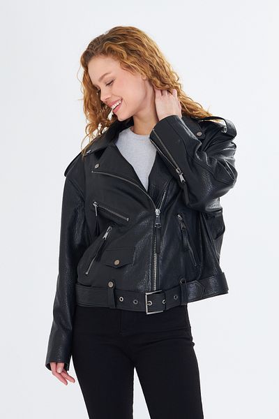 By Marki Marki Women's Genuine Jumbo Leather Jacket – Biker Style, Belted, Oversize, Epaulettes, 65 Cm, Black - 507322