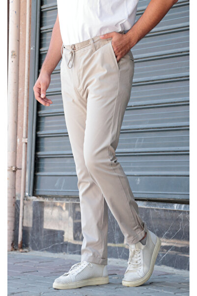 Osyday Erkek Krem Renk Yazlık Ince Kumaş Dar Kesim Pantolon Beli Lastik, Bağcık Ve Düğmeli, Fermuarlı