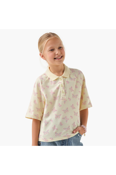 Juniors Butterfly Print Polo T-shirt with Half Button Placket and Short Sleeves