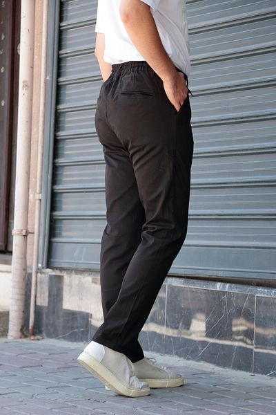 Osyday Men's Black Summer Thin Fabric Slim Fit Trousers with Elastic Waist, Laces and Buttons, Zipper, Yancepli
