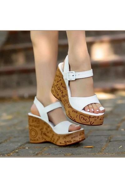 pabucmarketi White Women's Wedge Heel Sandals