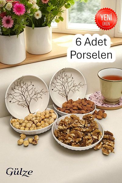 GÜLZE HOME 6 Pieces Porcelain Snack Bowl-Present Bowl-Delight Bowl-Breakfast Bowl-Treats with Tree of Life Motif (13 cm Diameter)