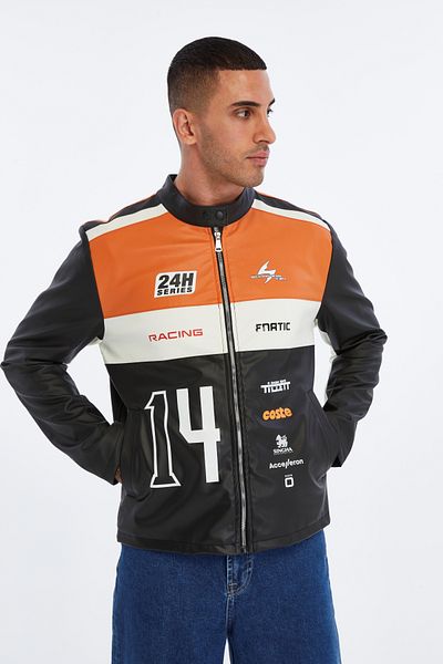 CHOS7N Men's Oversize Striped Printed Leather Jacket Judge Collar Bomber Biker Coat Racer Jacket