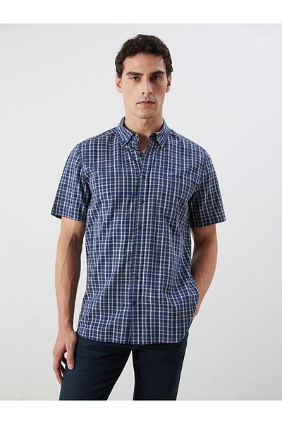 LC Waikiki Navy Blue Regular Fit Short Sleeve Plaid Poplin Men's Shirt