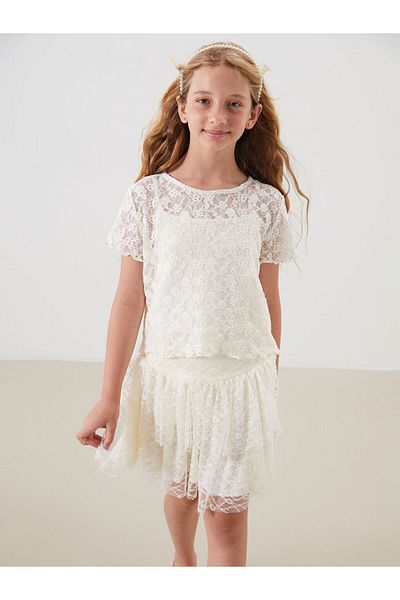 LC Waikiki Sari Crew Neck Lace Detailed Girl's T-Shirt