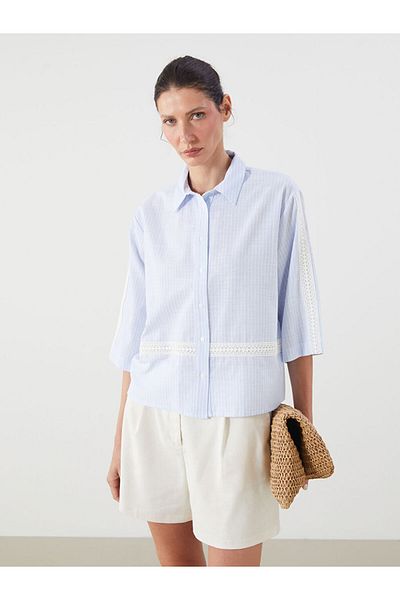 LC Waikiki Blue Striped Lace Striped Women's Shirt