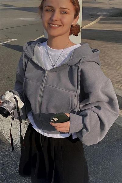 Karakedi Smoked Thick Fabric Hooded Y2K Harajuku Crop Cardigan