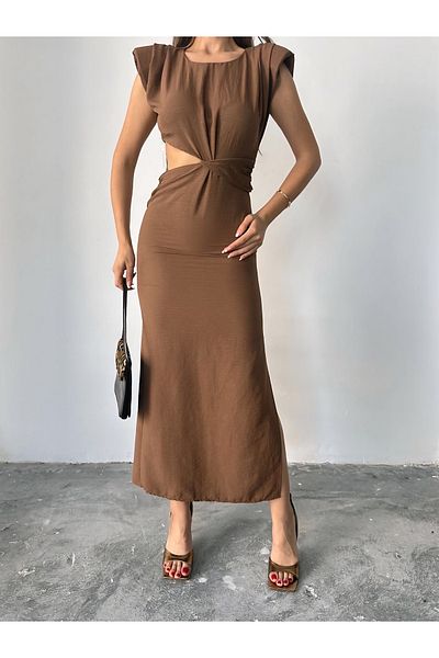 chwain Women's Aerobin Fabric Cut-Out Padded Brown Dress