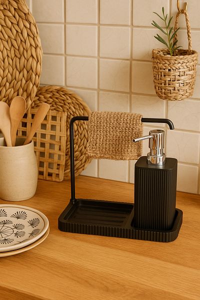 Kitchen Life Set de 3 în 1 pentru distribuitor de săpun cu umeraș Organizator pentru blat de bucătărie Suport pentru burete pentru chiuvetă laterală cu recipient