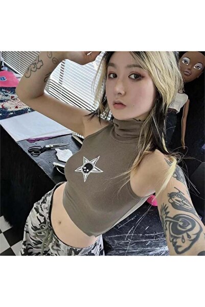 Karakedi Khaki Star Skull High Neck Y2K Strap Crop