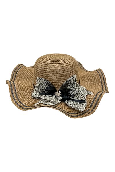 BaoBao Women's hat with wide wavy brim and lace bow - elegant style for summer