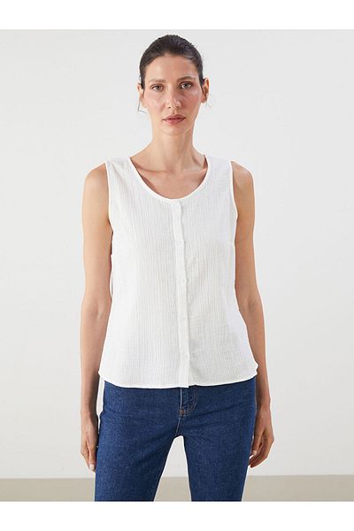 LC Waikiki Green U-Neck Textured Muslin Blouse