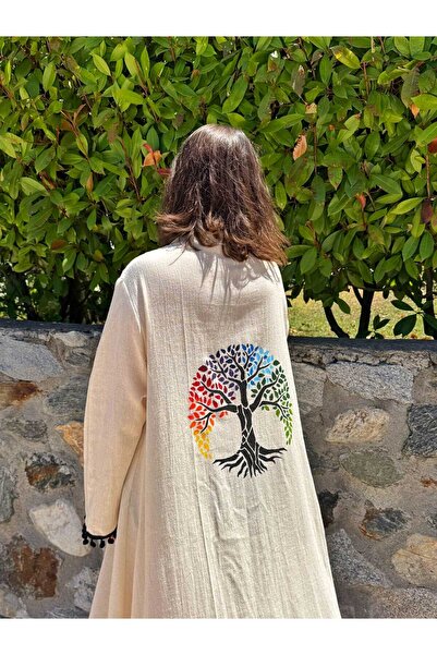 Satori Design Hayat Ağacı Temalı El Boyama Müslin Kimono Plaj Elbisesi Pareo