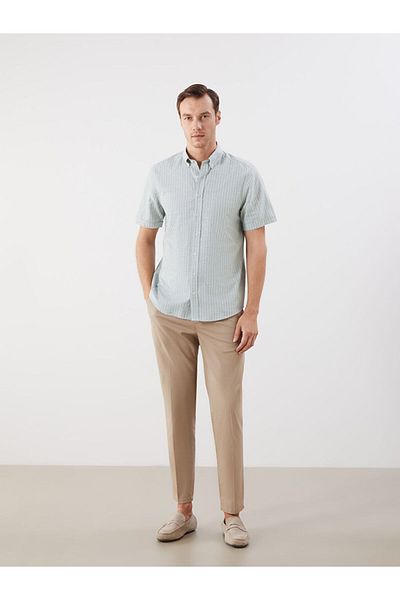 LC Waikiki Green Regular Fit Short Sleeve Striped Linen Blend Men's Shirt
