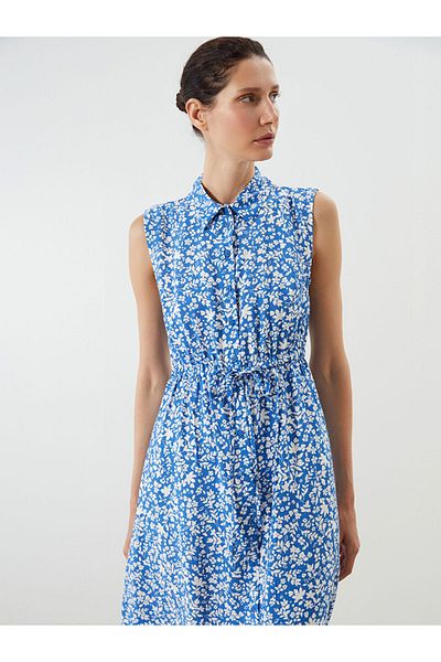 LC Waikiki Blue Floral Gathered Shirt Dress