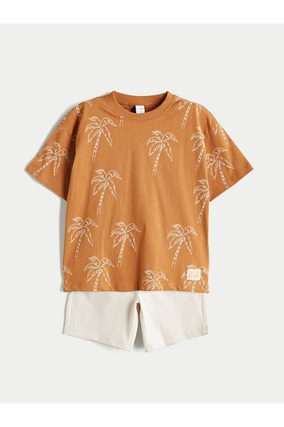 LC Waikiki Brown Printed Boys' T-Shirt and Shorts 2-Piece Set