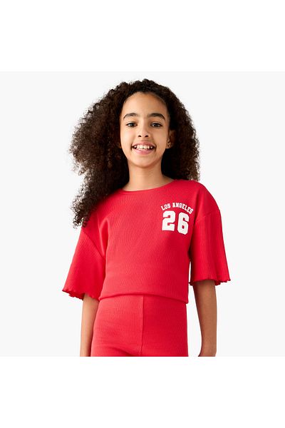 Juniors Varsity Print Crew Neck T-shirt with Lettuce Hem