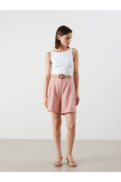 LC Waikiki Dirty Pink Women's Shorts with Waist Belt and Linen Blend