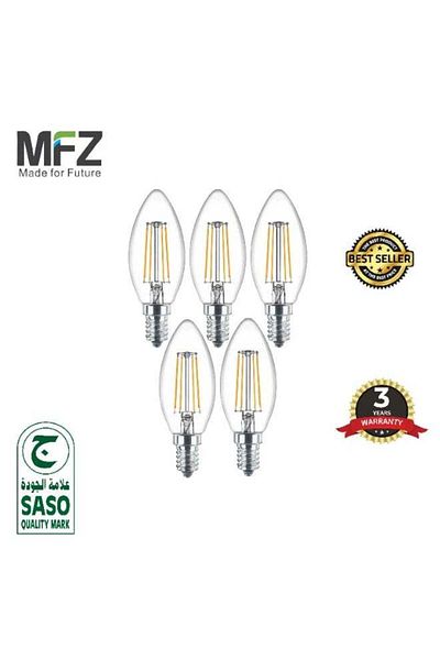 MFZ LED Candle Bulbs 4W, E14 Base, 2700K Warm White, AC220–240V, Filament Design – Pack of 5 Pie