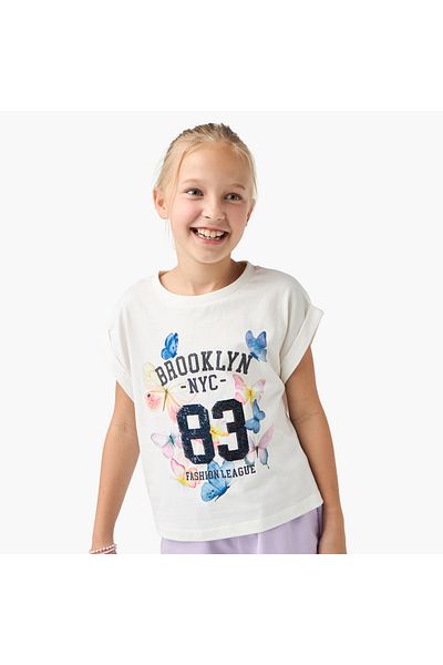 Juniors Graphic Print Crew Neck T-shirt with Extended Sleeves
