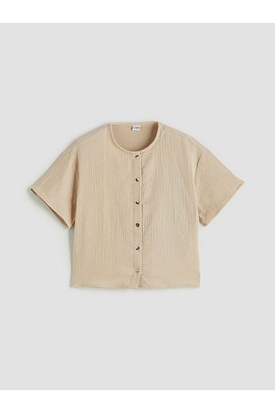 LC Waikiki Beige Short Sleeve Muslin Girl's Shirt