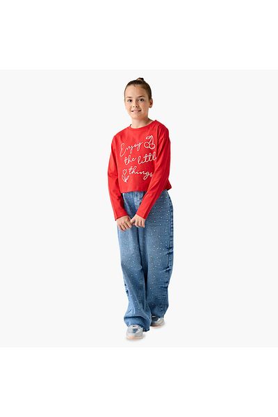 Juniors Slogan Print T-Shirt with Long Sleeves