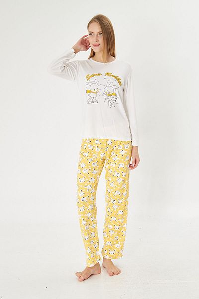 Pajama Shop Women's 100% Cotton Fabric White Yellow Rabbit Pattern Crew Neck Long Sleeve Pajamas Set