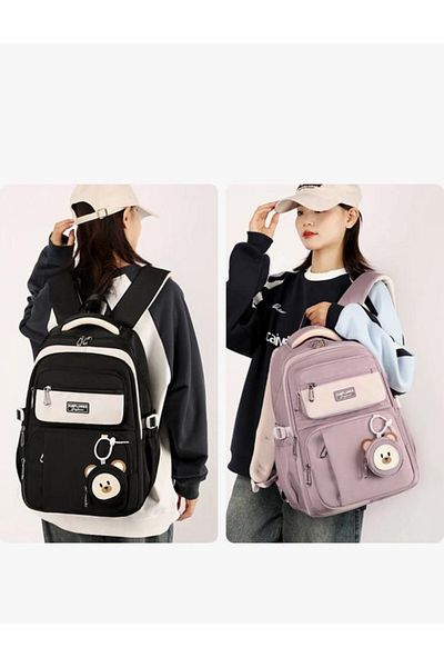 Adalinhome Rucsac de școală cu mai multe compartimente cu accesoriu drăguț de ursuleț