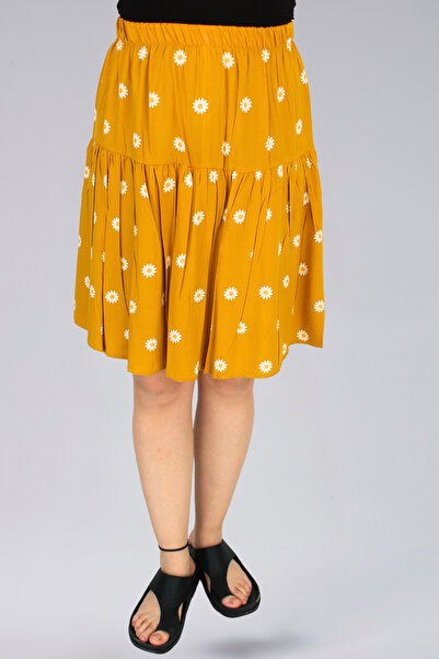 MAKSEN TEKSTİL Yellow Viscose Fabric Daisy Flower Midi Shorts Skirt