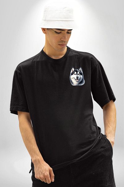 Angemiel Strong Siberian Husky Dog Large Breed Black Oversize Women Men Front Minimal Printed T-Shirt