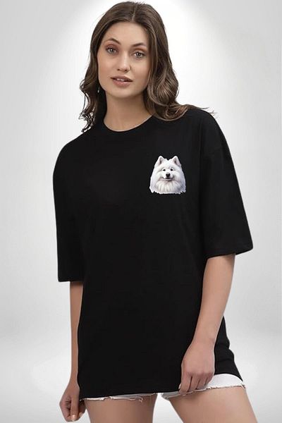 Angemiel White Samoyed Dog Black Oversize Women's Men's Front Minimal Printed T-Shirt