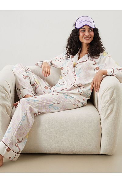 LC Waikiki Ecru Shirt Collar Patterned Women's Pajama Set