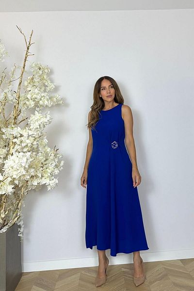 gesmoda G1443 Rochie de design fără mâneci cu detaliu broșă Albastru
