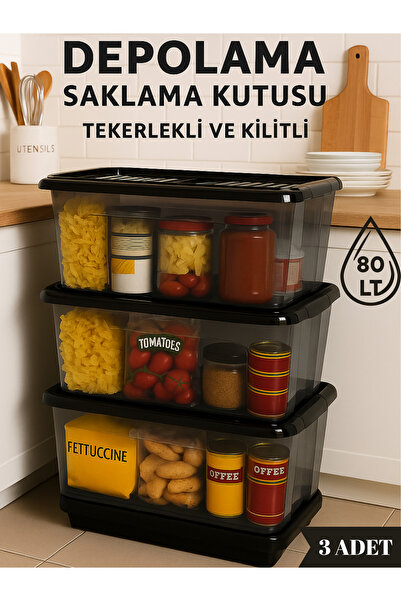 Loremp 80 LT Tekerlekli Kilitli Saklama Kutusu 3’lü Set Kapaklı Şeffaf BPA İçermez Üst Üste İstiflenebilir
