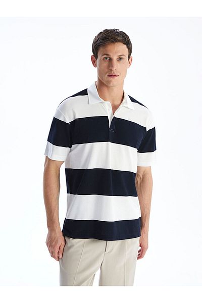LC Waikiki Navy Blue Polo Neck Striped Pique Men's T-Shirt