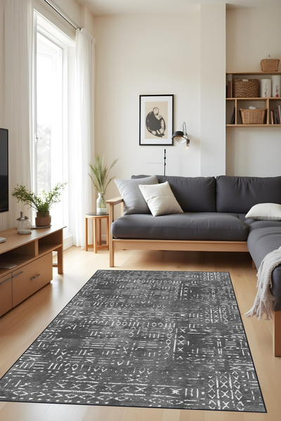 Liriya Dijital Baskı Kaymaz Taban İskandinav Etnik Desen Koyu Gri Renk Salon ...
