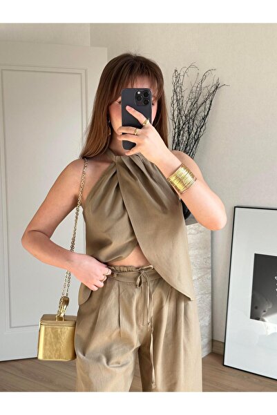 BAŞARAN Σετ μπλούζα και πανταλόνι Halter Neck διπλό πέτο Καφέ