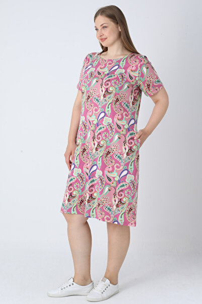 İntensive Women's Plus Size Patterned Short Sleeve Cotton Dress with Pockets