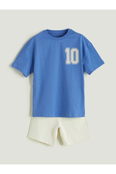 LC Waikiki Blue Printed Boys' T-Shirt and Shorts 2-Piece Set