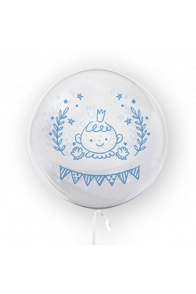 OEM Balon transparent imprimat fata-verso, 45 cm, decor botez, bebe, bleu