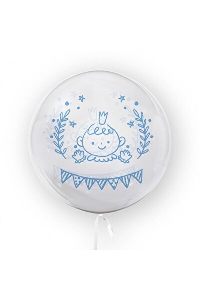 OEM Balon transparent imprimat fata-verso, 45 cm, decor botez, bebe, bleu