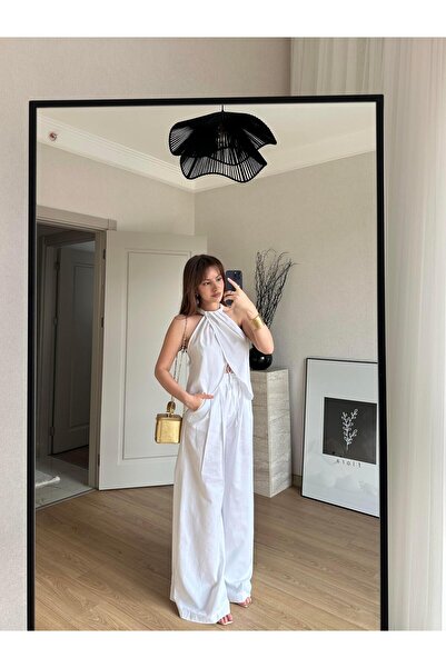 BAŞARAN Halter Neck Double Breasted Blouse and Pantalon Suit White