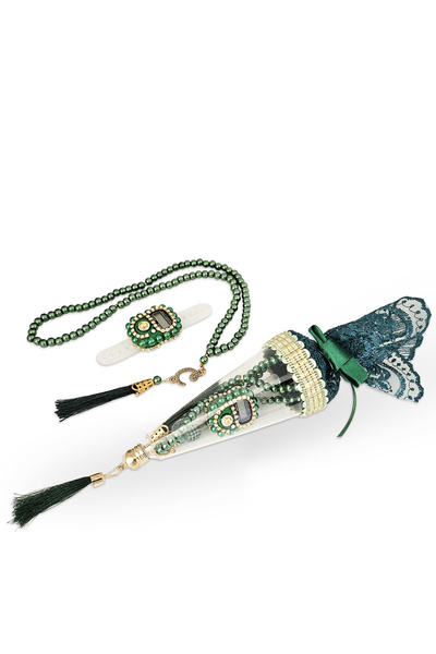 Yeşilipek Pleksi Dantelli Külah Zikirmatik & İnci Tesbih Set - Yeşil