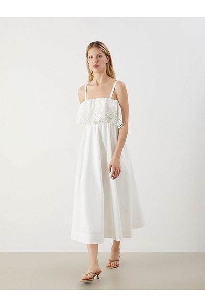 LC Waikiki White Square Neck Openwork Dress