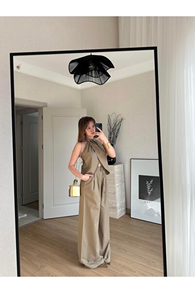 BAŞARAN Σετ μπλούζα και πανταλόνι Halter Neck διπλό πέτο Καφέ